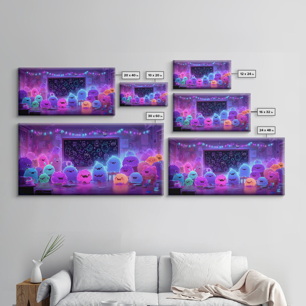 The Little Monster School, Vaporwave Halloween Decor, Wide Panoramic Art, Canvas Print, Retro Halloween Decor, Neon Wall Art