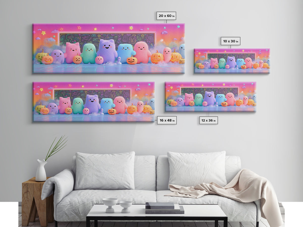 The Little Monster School, Retro Neon Halloween Art, Extra Wide Wall Art, Canvas Print, Retro Halloween Decor, Neon Wall Art