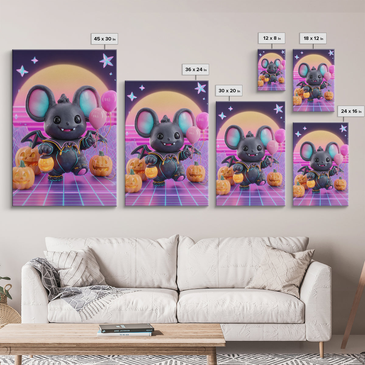 The Bat Balloon Factory, Cute Spooky Neon Art, Vertical Wall Art, Canvas Print, Retro Halloween Decor, Neon Wall Art, Collectible Wall Decor