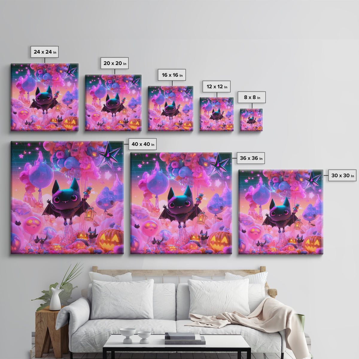 The Bat Balloon Factory, Synthwave Halloween Art, Square Wall Art, Canvas Print, Retro Halloween Decor, Neon Wall Art, Macabre Wall Art