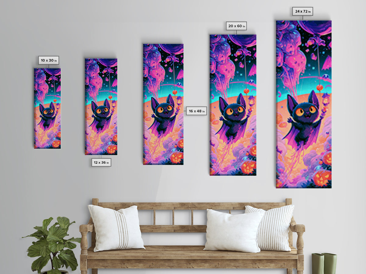 The Bat Balloon Factory, Cute Spooky Neon Art, Tall Narrow Wall Art, Canvas Print, Retro Halloween Decor, Neon Wall Art, Macabre Wall Art