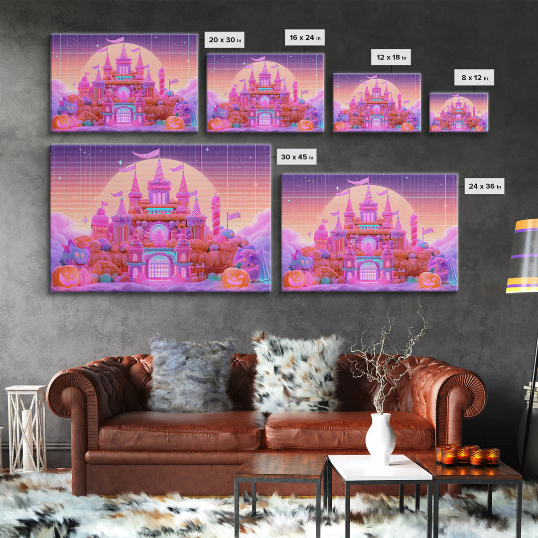 The Candy Castle, Retro Neon Halloween Art, Landscape Wall Art, Framed Canvas Print, Retro Halloween Decor, Neon Wall Art