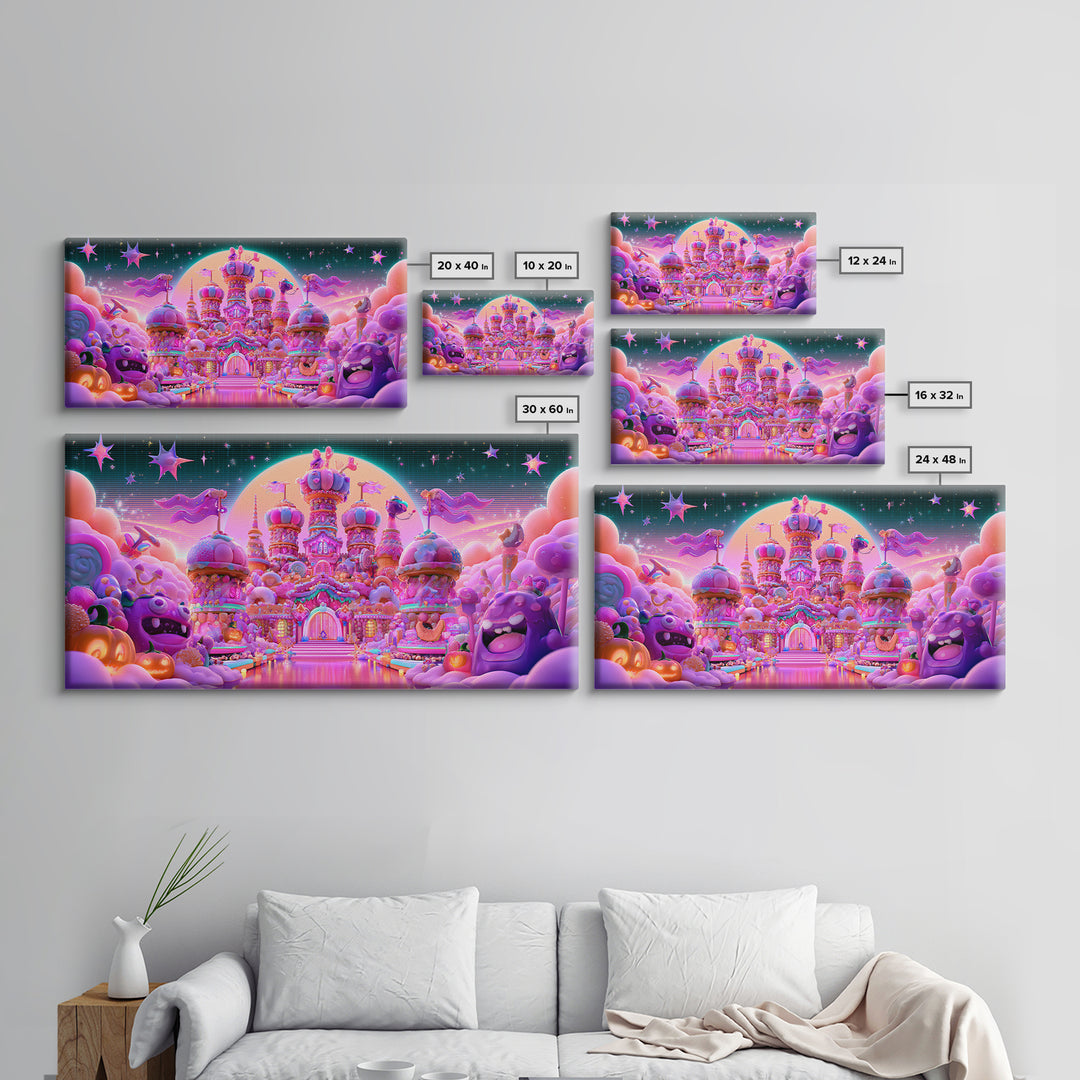 The Candy Castle, Vaporwave Halloween Decor, Wide Panoramic Art, Canvas Print, Retro Halloween Decor, Neon Wall Art, Horror Wall Art