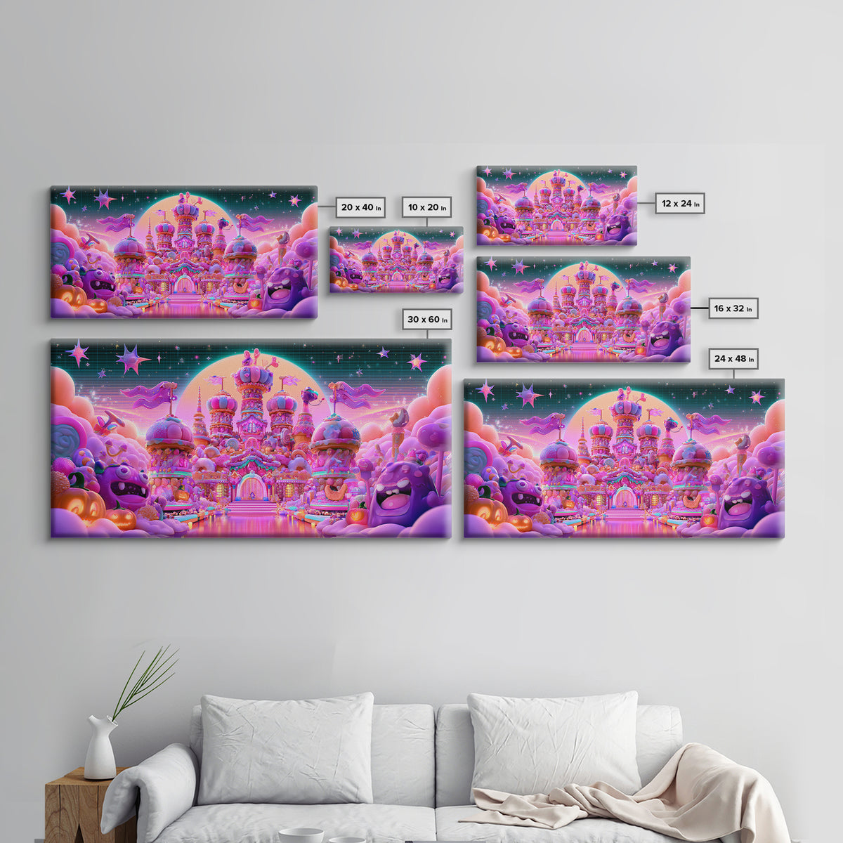 The Candy Castle, Vaporwave Halloween Decor, Wide Panoramic Art, Canvas Print, Retro Halloween Decor, Neon Wall Art, Horror Wall Art