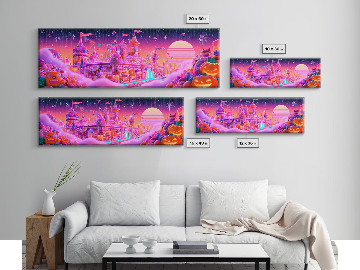 The Candy Castle, Vaporwave Halloween Decor, Extra Wide Wall Art, Canvas Print, Retro Halloween Decor, Neon Wall Art, Spooky Wall Decor