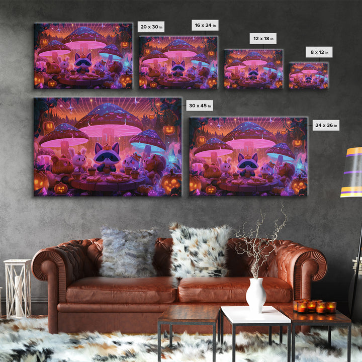 The Friendly Forest Cafe, Synthwave Halloween Art, Landscape Wall Art, Framed Canvas Print, Retro Halloween Decor, Neon Wall Art