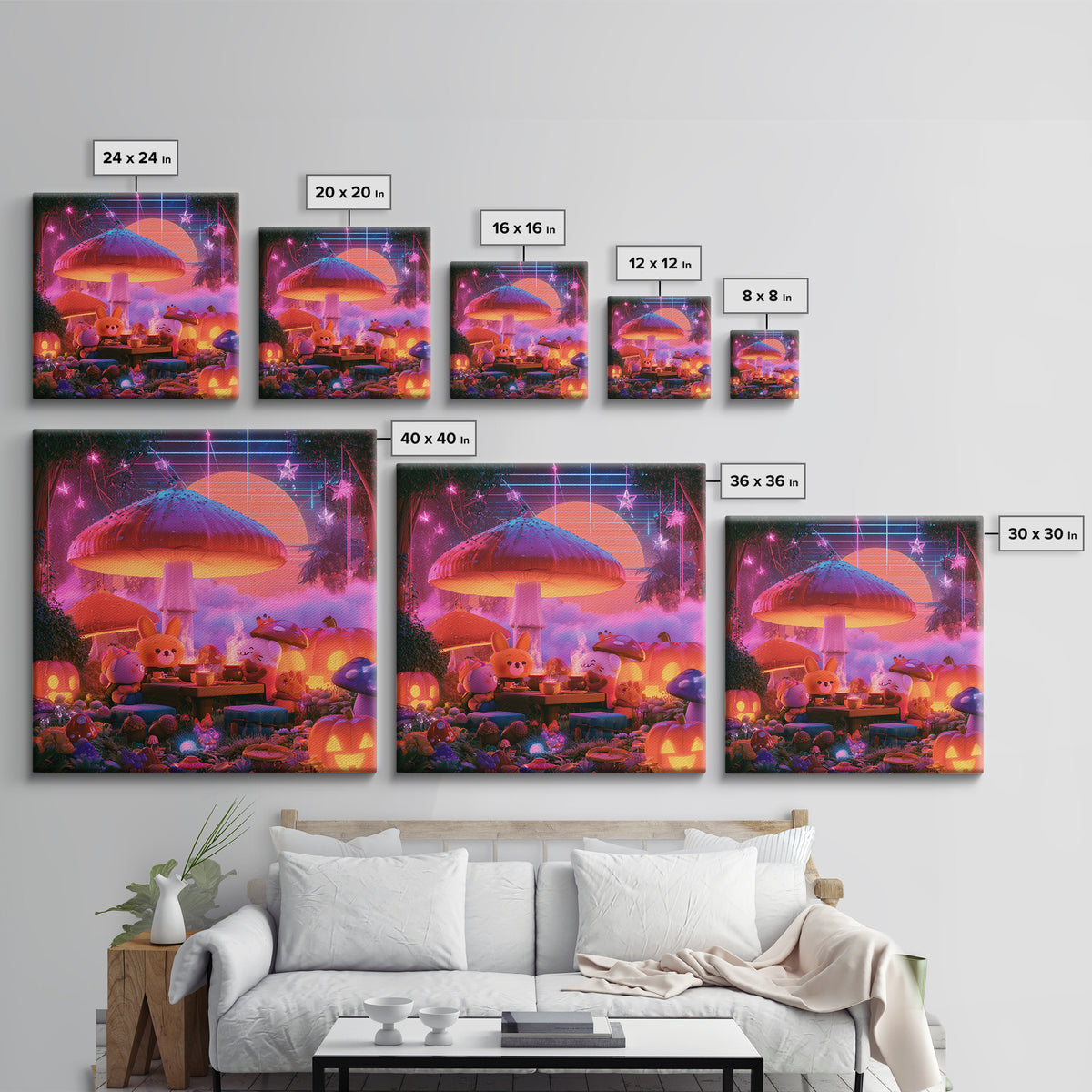 The Friendly Forest Cafe, Synthwave Halloween Art, Square Wall Art, Canvas Print, Retro Halloween Decor, Neon Wall Art, Dark Fantasy Art