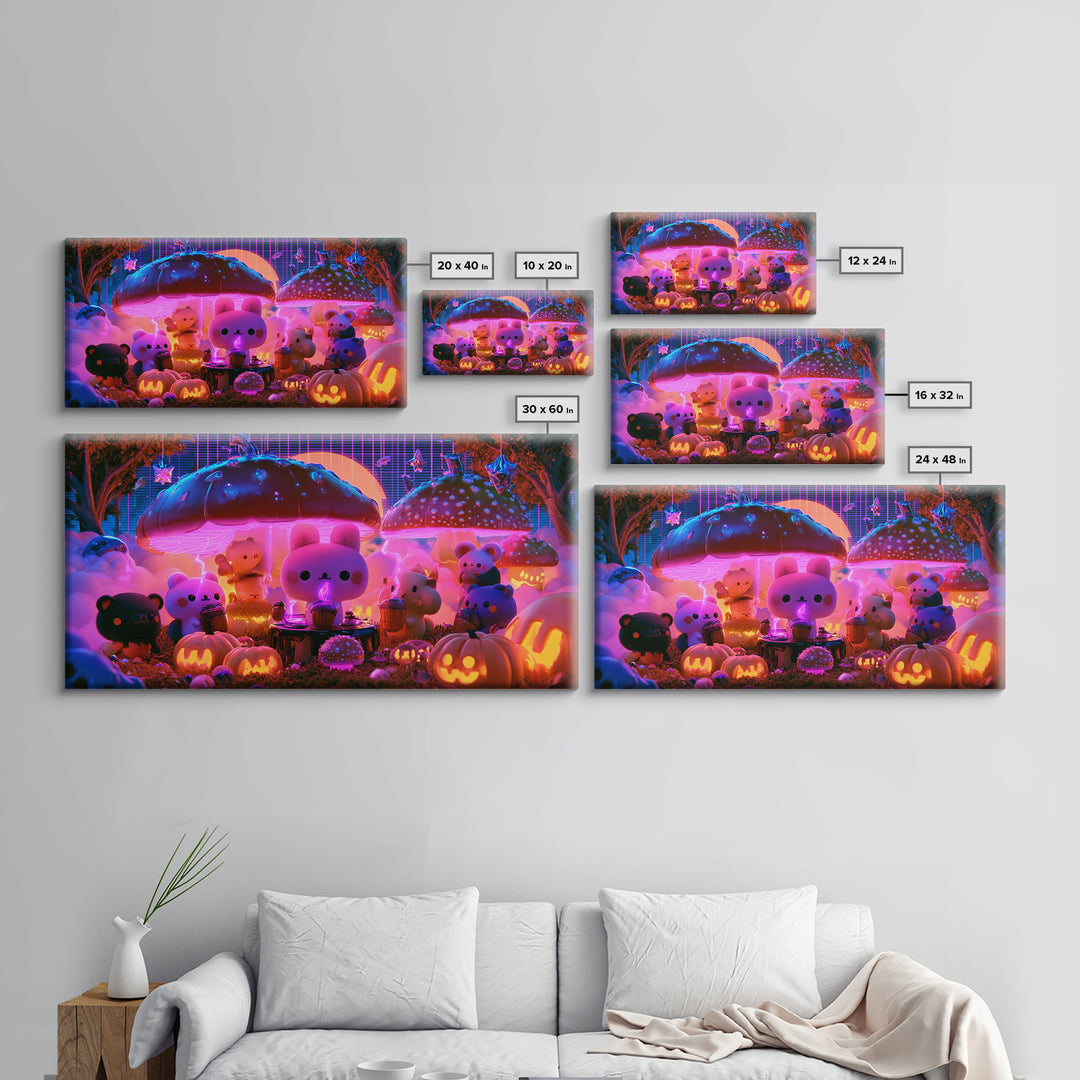 The Friendly Forest Cafe, Retro Neon Halloween Art, Wide Panoramic Art, Framed Canvas Print, Retro Halloween Decor, Neon Wall Art