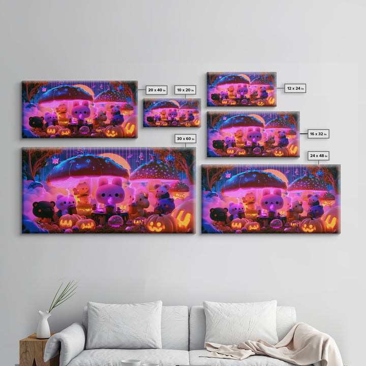 The Friendly Forest Cafe, Retro Neon Halloween Art, Wide Panoramic Art, Framed Canvas Print, Retro Halloween Decor, Neon Wall Art