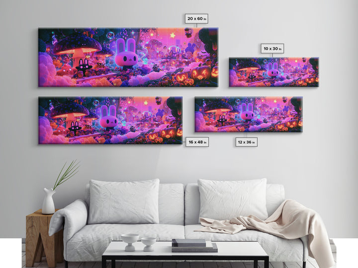 The Friendly Forest Cafe, Cute Spooky Neon Art, Extra Wide Wall Art, Canvas Print, Retro Halloween Decor, Neon Wall Art, Dark Fantasy Art