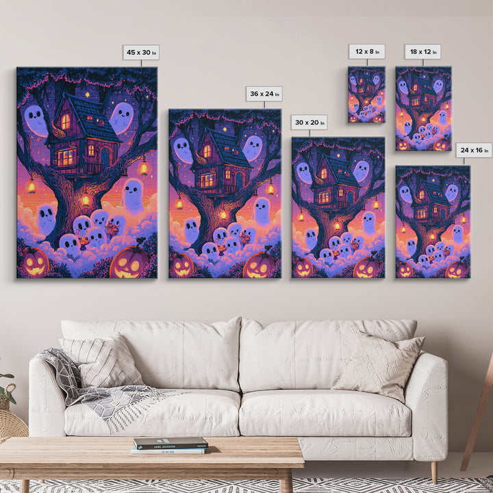 The Ghostly Treehouse, Vaporwave Halloween Decor, Vertical Wall Art, Canvas Print, Retro Halloween Decor, Neon Wall Art, Statement Wall Art
