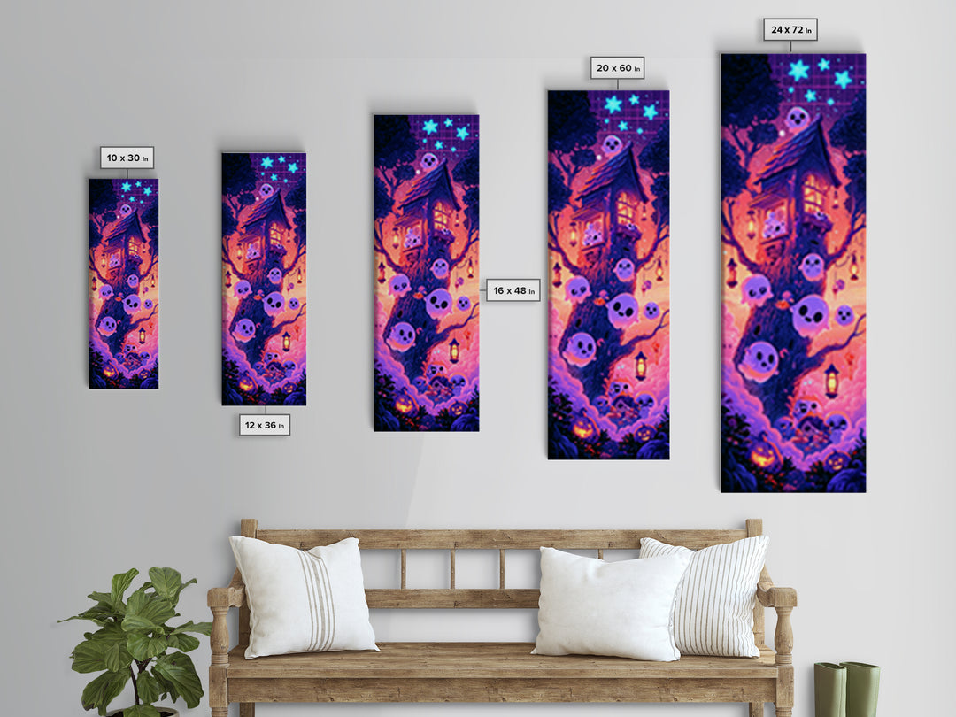 The Ghostly Treehouse, Synthwave Halloween Art, Tall Narrow Wall Art, Canvas Print, Retro Halloween Decor, Neon Wall Art, Macabre Wall Art