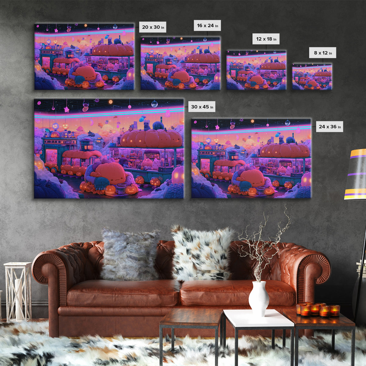 The Pumpkin Train Station, Cute Spooky Neon Art, Landscape Wall Art, Framed Canvas Print, Retro Halloween Decor, Neon Wall Art