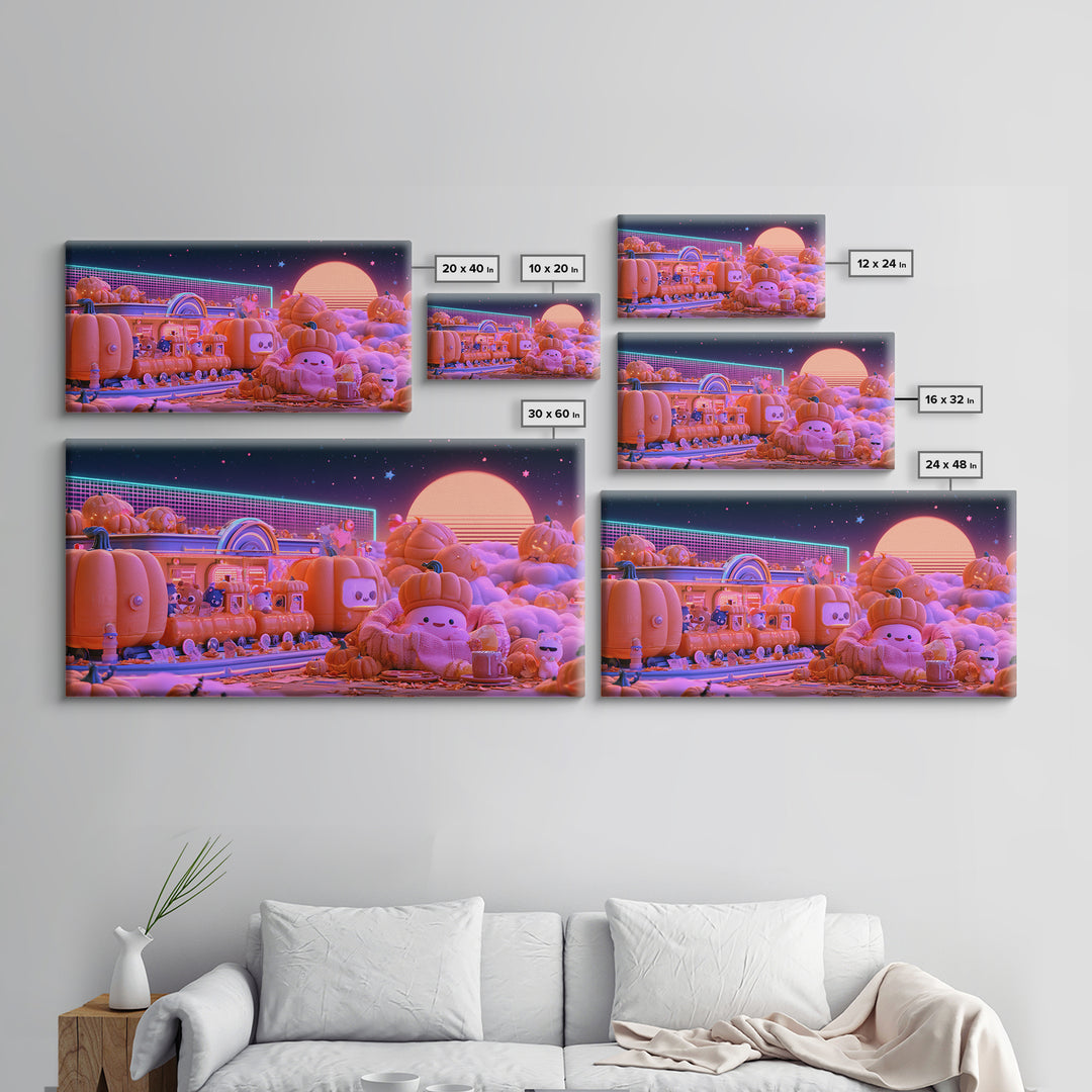 The Pumpkin Train Station, 80s Halloween Wall Art, Wide Panoramic Art, Framed Canvas Print, Retro Halloween Decor, Neon Wall Art
