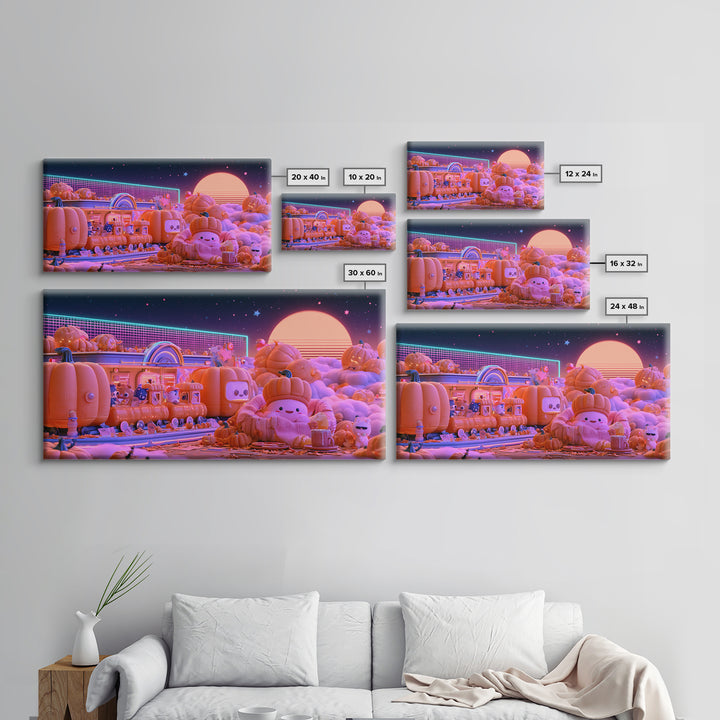 The Pumpkin Train Station, 80s Halloween Wall Art, Wide Panoramic Art, Framed Canvas Print, Retro Halloween Decor, Neon Wall Art
