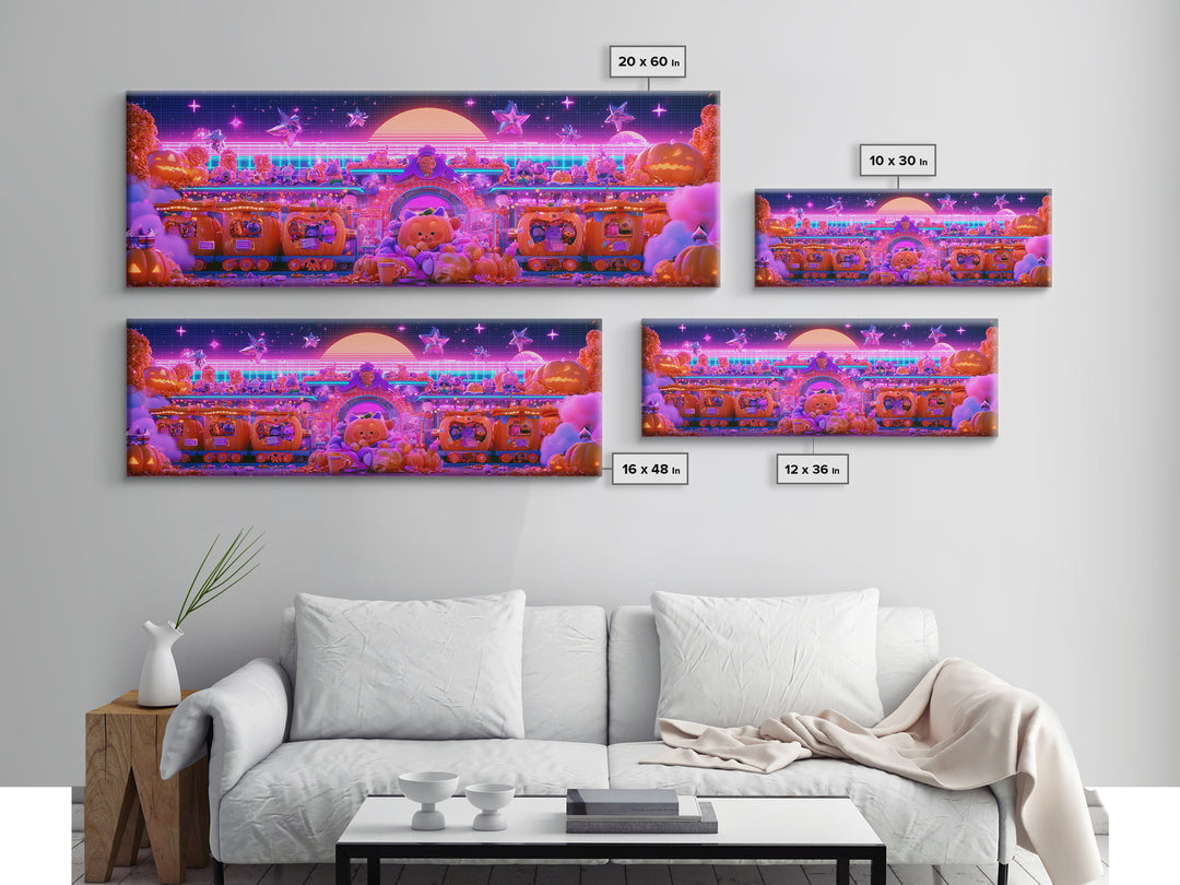 The Pumpkin Train Station, Cute Spooky Neon Art, Extra Wide Wall Art, Framed Canvas Print, Retro Halloween Decor, Neon Wall Art