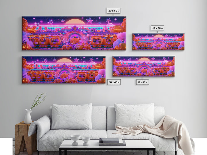 The Pumpkin Train Station, Cute Spooky Neon Art, Extra Wide Wall Art, Framed Canvas Print, Retro Halloween Decor, Neon Wall Art