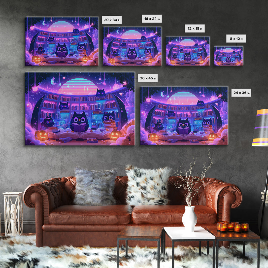 The Moonbeam Library, Synthwave Halloween Art, Landscape Wall Art, Canvas Print, Retro Halloween Decor, Neon Wall Art, Horror Wall Art