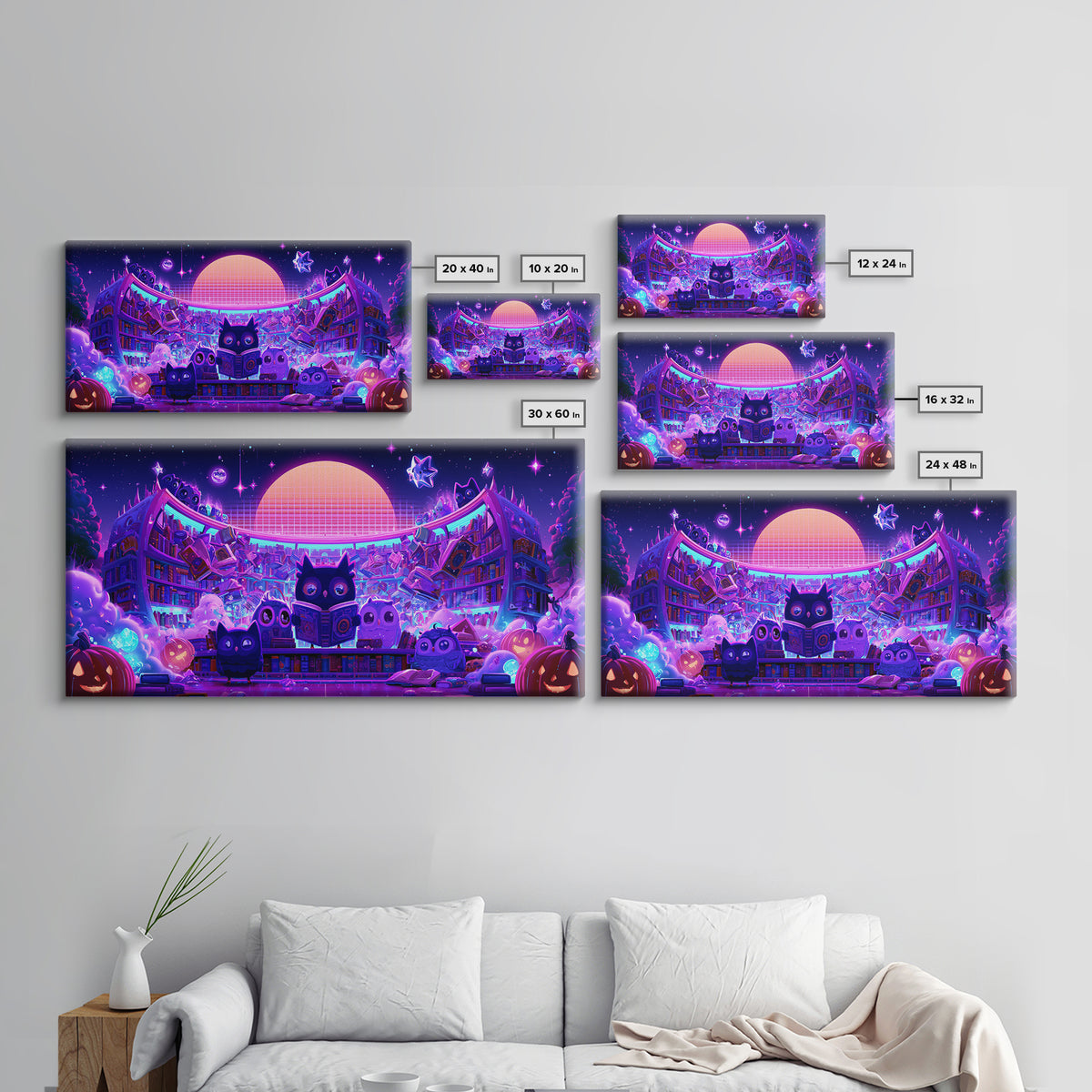 The Moonbeam Library, Vaporwave Halloween Decor, Wide Panoramic Art, Canvas Print, Retro Halloween Decor, Neon Wall Art, Macabre Wall Art
