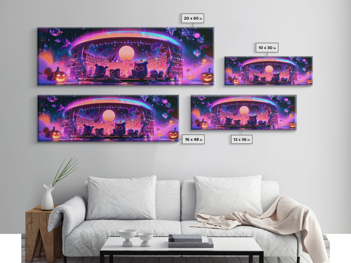 The Moonbeam Library, Cute Spooky Neon Art, Extra Wide Wall Art, Framed Canvas Print, Retro Halloween Decor, Neon Wall Art, Dark Fantasy Art