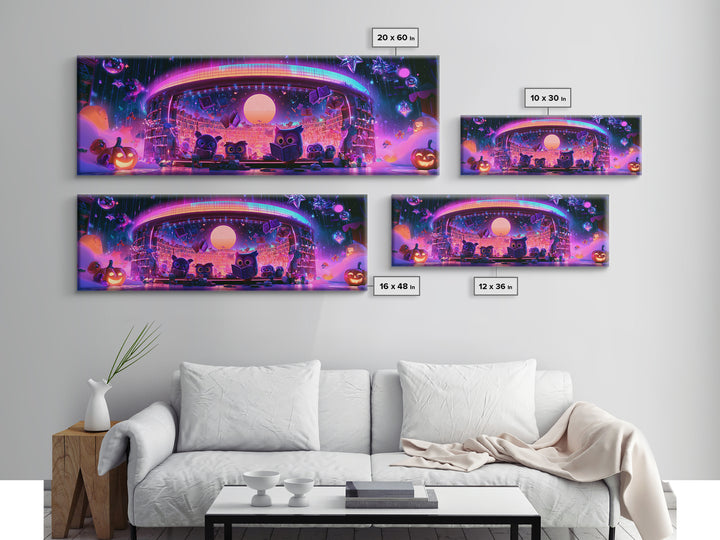 The Moonbeam Library, Cute Spooky Neon Art, Extra Wide Wall Art, Framed Canvas Print, Retro Halloween Decor, Neon Wall Art, Dark Fantasy Art