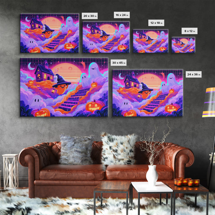 The Halloween Cloud Kingdom, 80s Halloween Wall Art, Landscape Wall Art, Framed Canvas Print, Retro Halloween Decor, Neon Wall Art