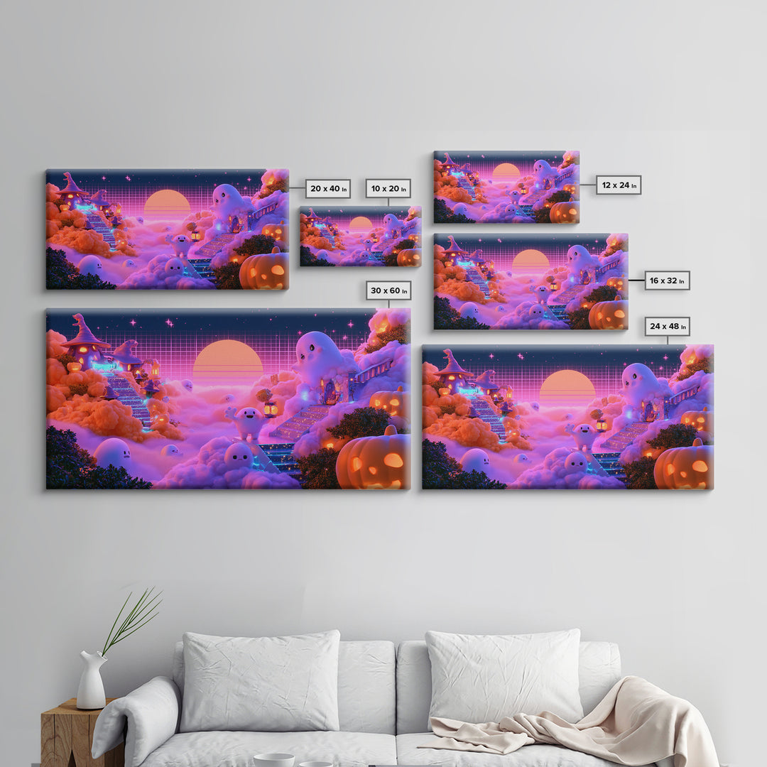 The Halloween Cloud Kingdom, Synthwave Halloween Art, Wide Panoramic Art, Canvas Print, Retro Halloween Decor, Neon Wall Art