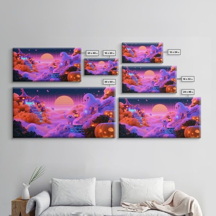 The Halloween Cloud Kingdom, Synthwave Halloween Art, Wide Panoramic Art, Canvas Print, Retro Halloween Decor, Neon Wall Art