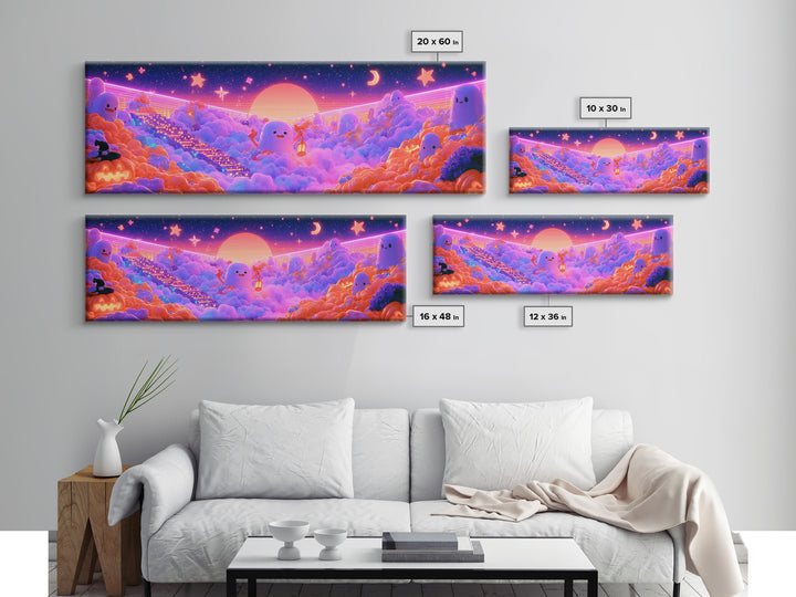 The Halloween Cloud Kingdom, Retro Neon Halloween Art, Extra Wide Wall Art, Framed Canvas Print, Retro Halloween Decor, Neon Wall Art