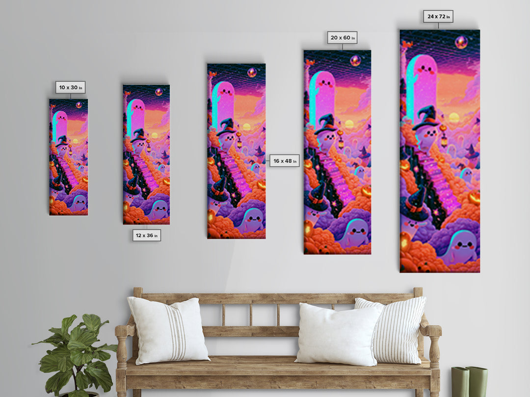 The Halloween Cloud Kingdom, Cute Spooky Neon Art, Tall Narrow Wall Art, Framed Canvas Print, Retro Halloween Decor, Neon Wall Art