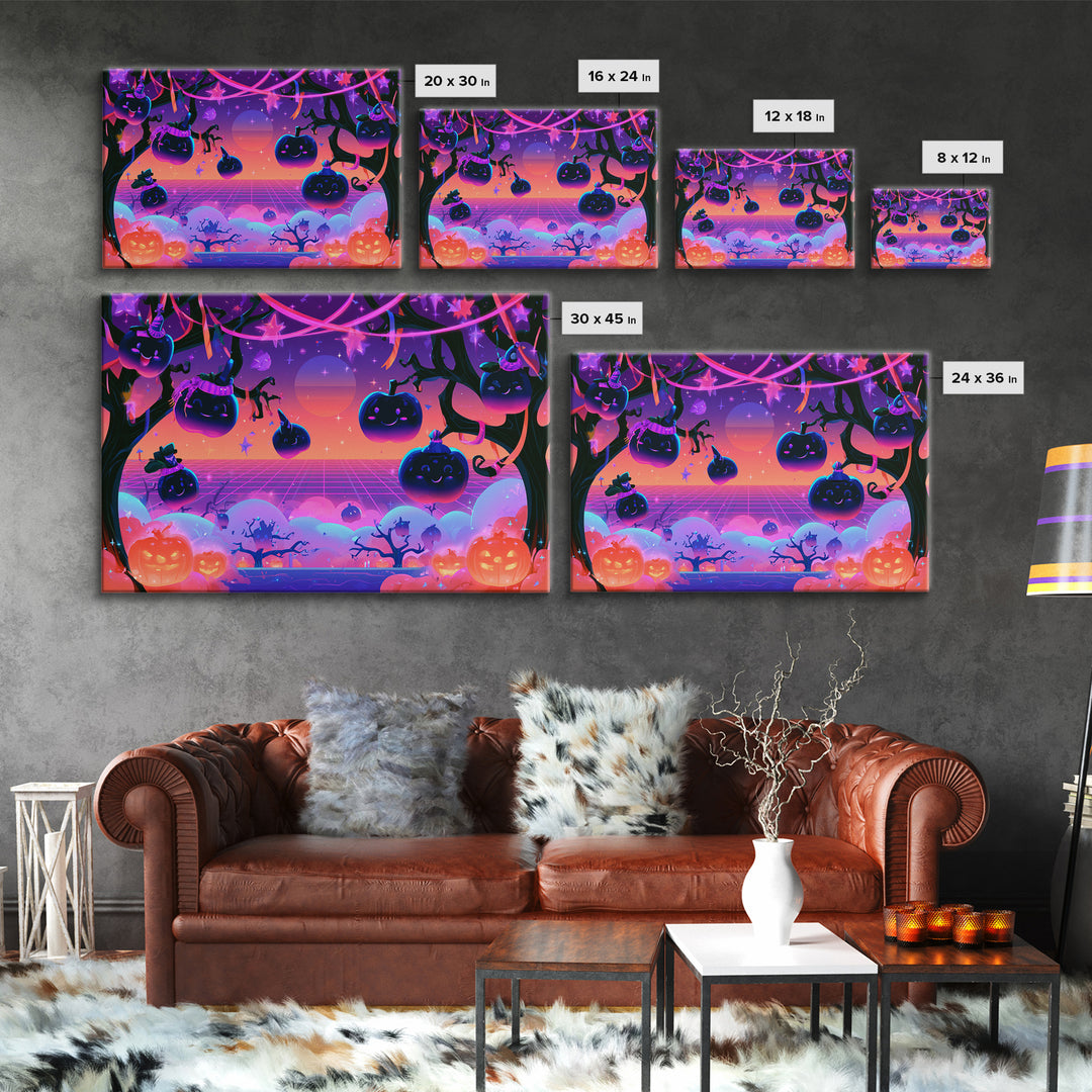 The Enchanted Apple Orchard, Vaporwave Halloween Decor, Landscape Wall Art, Canvas Print, Retro Halloween Decor, Neon Wall Art