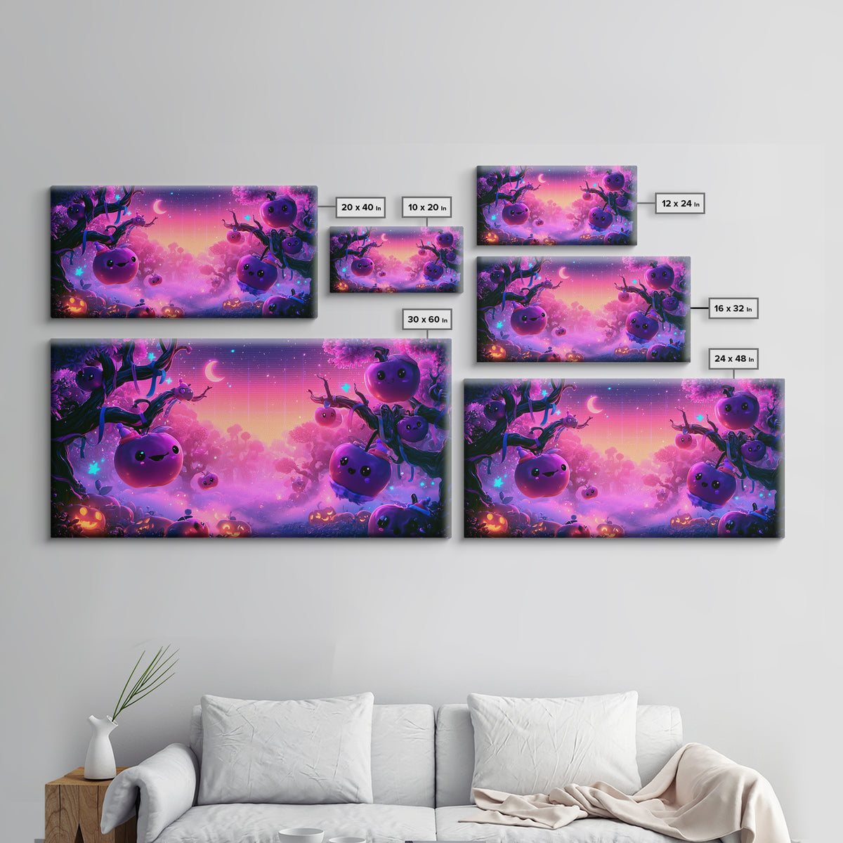 The Enchanted Apple Orchard, 80s Halloween Wall Art, Wide Panoramic Art, Canvas Print, Retro Halloween Decor, Neon Wall Art