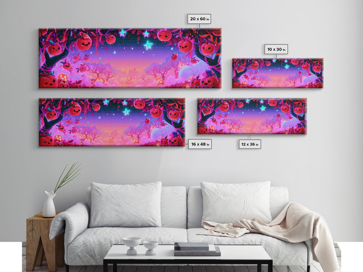 The Enchanted Apple Orchard, Retro Neon Halloween Art, Extra Wide Wall Art, Framed Canvas Print, Retro Halloween Decor, Neon Wall Art