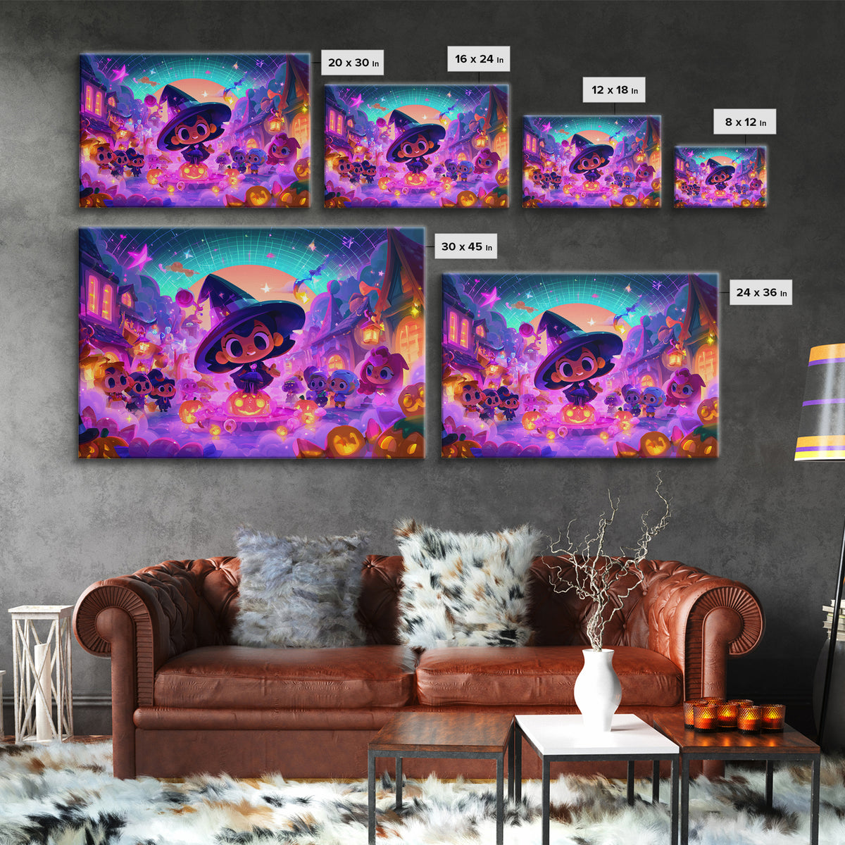 The Trick-Or-Treat Village Square, Synthwave Halloween Art, Landscape Wall Art, Framed Canvas Print, Retro Halloween Decor, Neon Wall Art