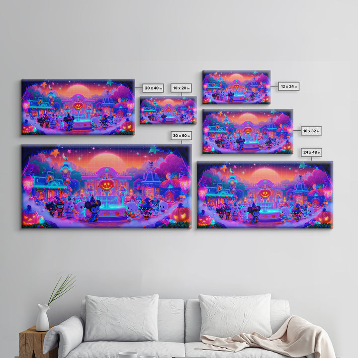 The Trick-Or-Treat Village Square, Synthwave Halloween Art, Wide Panoramic Art, Framed Canvas Print, Retro Halloween Decor, Neon Wall Art
