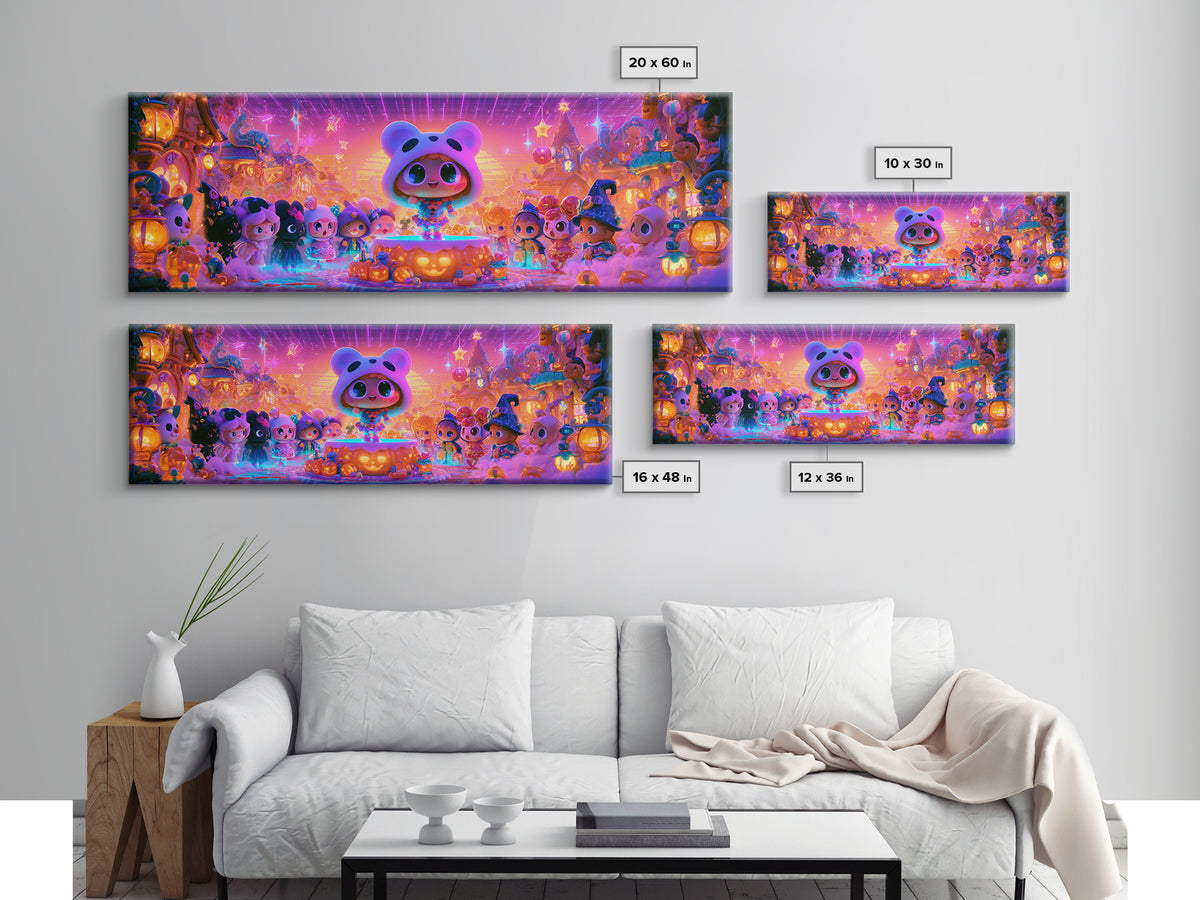 The Trick-Or-Treat Village Square, 80s Halloween Wall Art, Extra Wide Wall Art, Framed Canvas Print, Retro Halloween Decor, Neon Wall Art