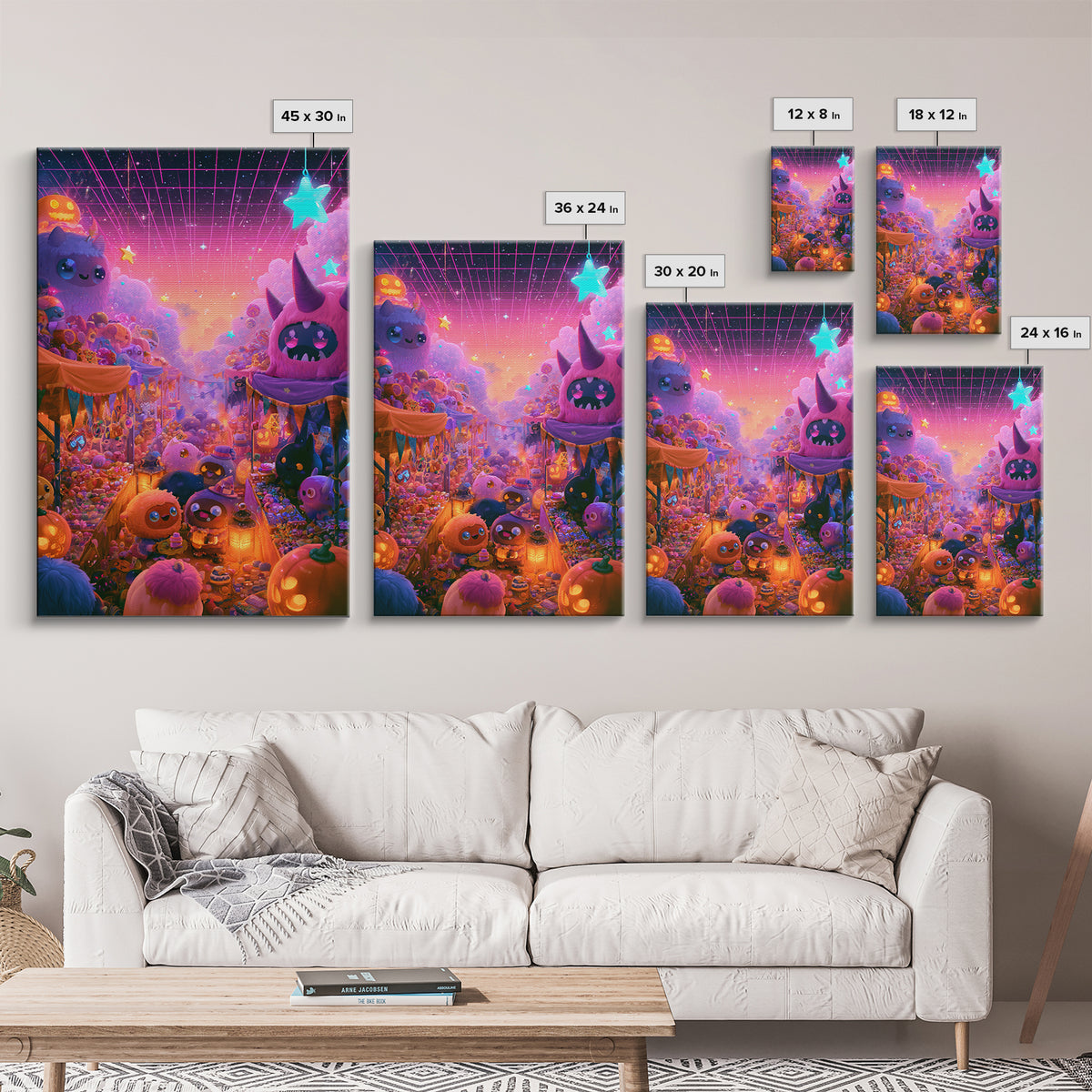 The Friendly Monster Market, Cute Spooky Neon Art, Vertical Wall Art, Framed Canvas Print, Retro Halloween Decor, Neon Wall Art