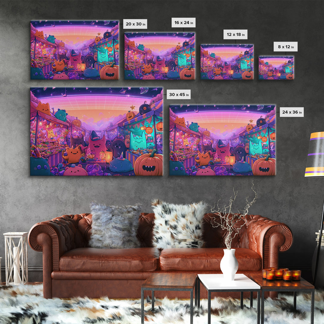 The Friendly Monster Market, Vaporwave Halloween Decor, Landscape Wall Art, Framed Canvas Print, Retro Halloween Decor, Neon Wall Art