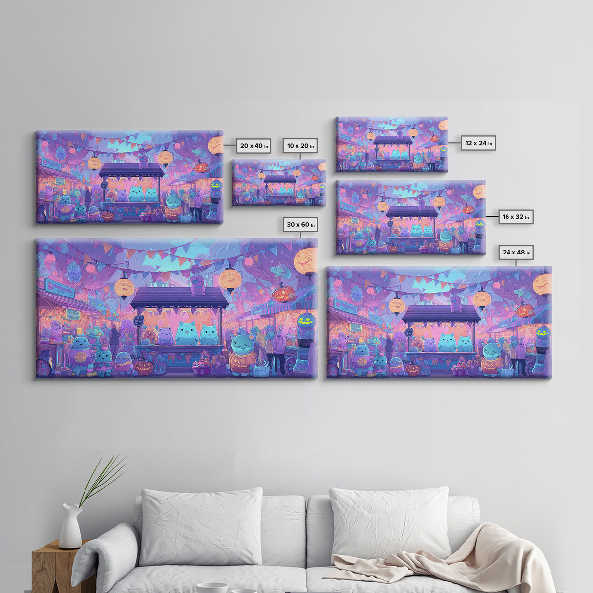 The Friendly Monster Market, 80s Halloween Wall Art, Wide Panoramic Art, Framed Canvas Print, Retro Halloween Decor, Neon Wall Art