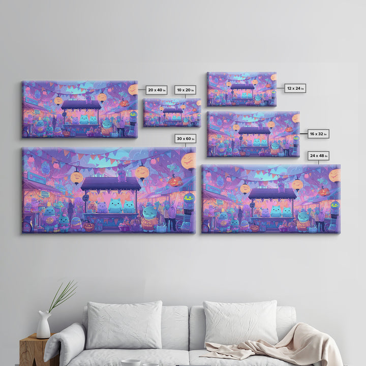 The Friendly Monster Market, 80s Halloween Wall Art, Wide Panoramic Art, Framed Canvas Print, Retro Halloween Decor, Neon Wall Art