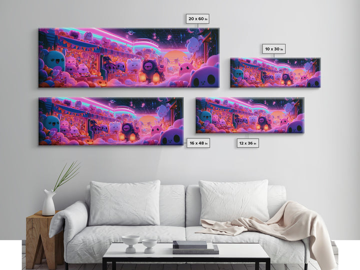 The Friendly Monster Market, 80s Halloween Wall Art, Extra Wide Wall Art, Framed Canvas Print, Retro Halloween Decor, Neon Wall Art