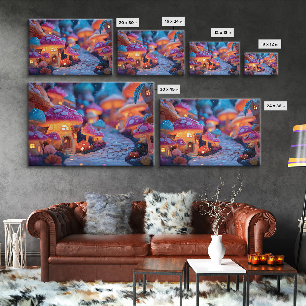The Lantern-Lit Mushroom Village, Vaporwave Halloween Decor, Landscape Wall Art, Canvas Print, Retro Halloween Decor, Neon Wall Art