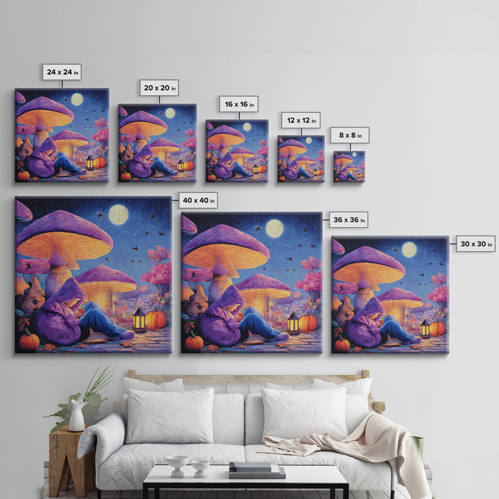 The Lantern-Lit Mushroom Village, Retro Neon Halloween Art, Square Wall Art, Framed Canvas Print, Retro Halloween Decor, Neon Wall Art