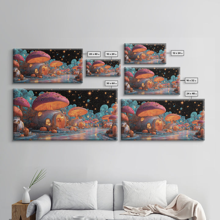 The Lantern-Lit Mushroom Village, Retro Neon Halloween Art, Wide Panoramic Art, Canvas Print, Retro Halloween Decor, Neon Wall Art