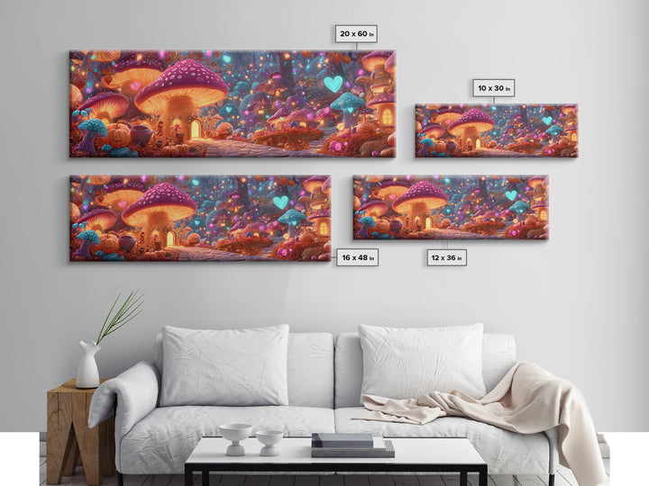 The Lantern-Lit Mushroom Village, 80s Halloween Wall Art, Extra Wide Wall Art, Framed Canvas Print, Retro Halloween Decor, Neon Wall Art
