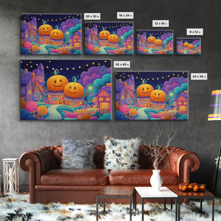 The Starry Pumpkin Farm, Retro Neon Halloween Art, Landscape Wall Art, Canvas Print, Retro Halloween Decor, Neon Wall Art