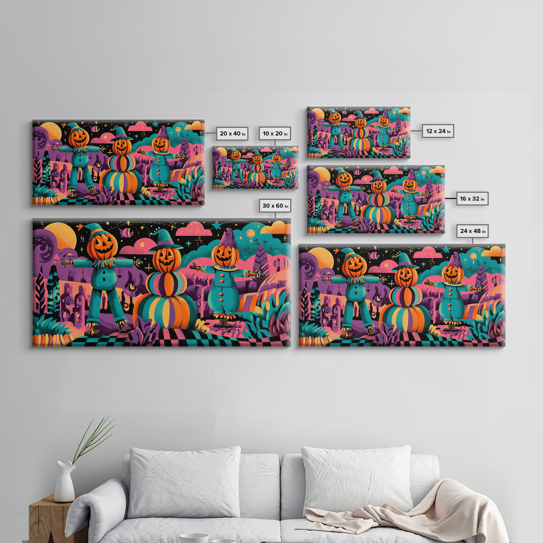 The Starry Pumpkin Farm, 80s Halloween Wall Art, Wide Panoramic Art, Canvas Print, Retro Halloween Decor, Neon Wall Art, Horror Wall Art