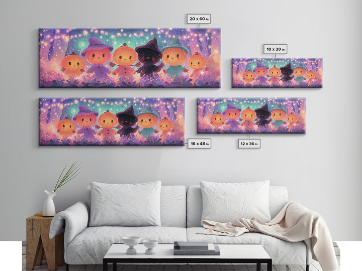The Starry Pumpkin Farm, Vaporwave Halloween Decor, Extra Wide Wall Art, Framed Canvas Print, Retro Halloween Decor, Neon Wall Art