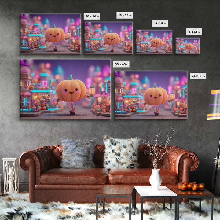 The Pumpkin Balloon Parade, Cute Spooky Neon Art, Landscape Wall Art, Framed Canvas Print, Retro Halloween Decor, Neon Wall Art