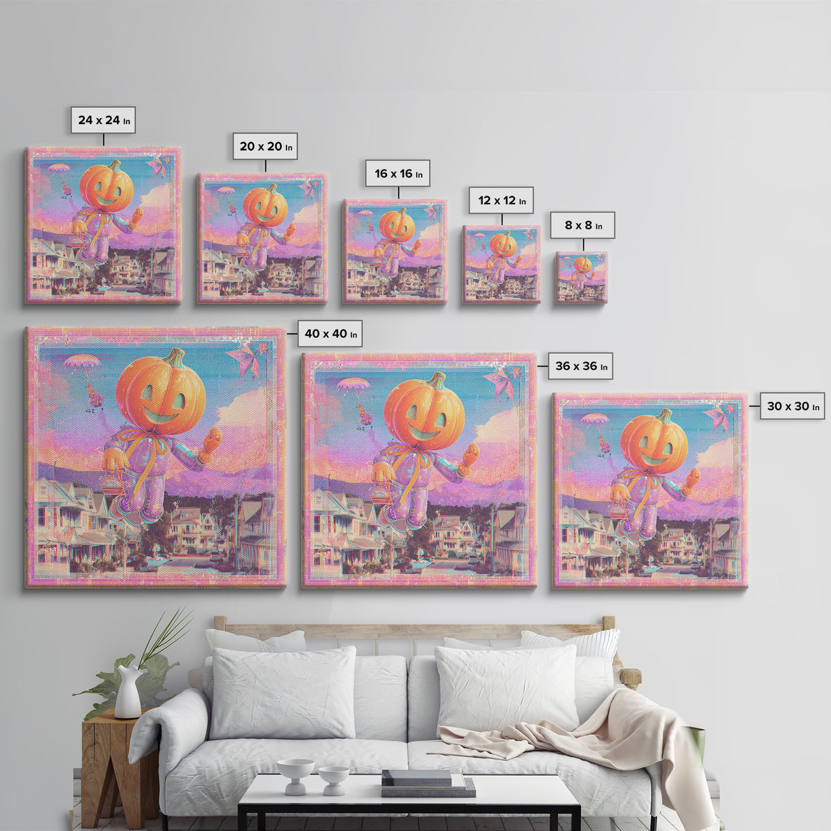 The Pumpkin Balloon Parade, Cute Spooky Neon Art, Square Wall Art, Canvas Print, Retro Halloween Decor, Neon Wall Art, Statement Wall Art